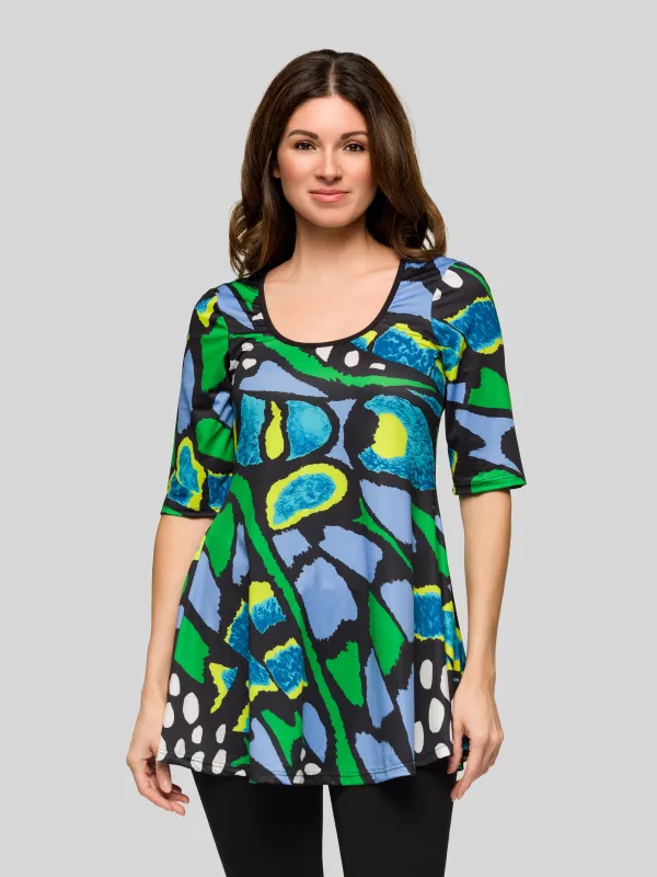 Essential Womens Blue Butterfly Print Elbow Sleeve Casual Tunic Top made by 24/7 Comfort Apparel