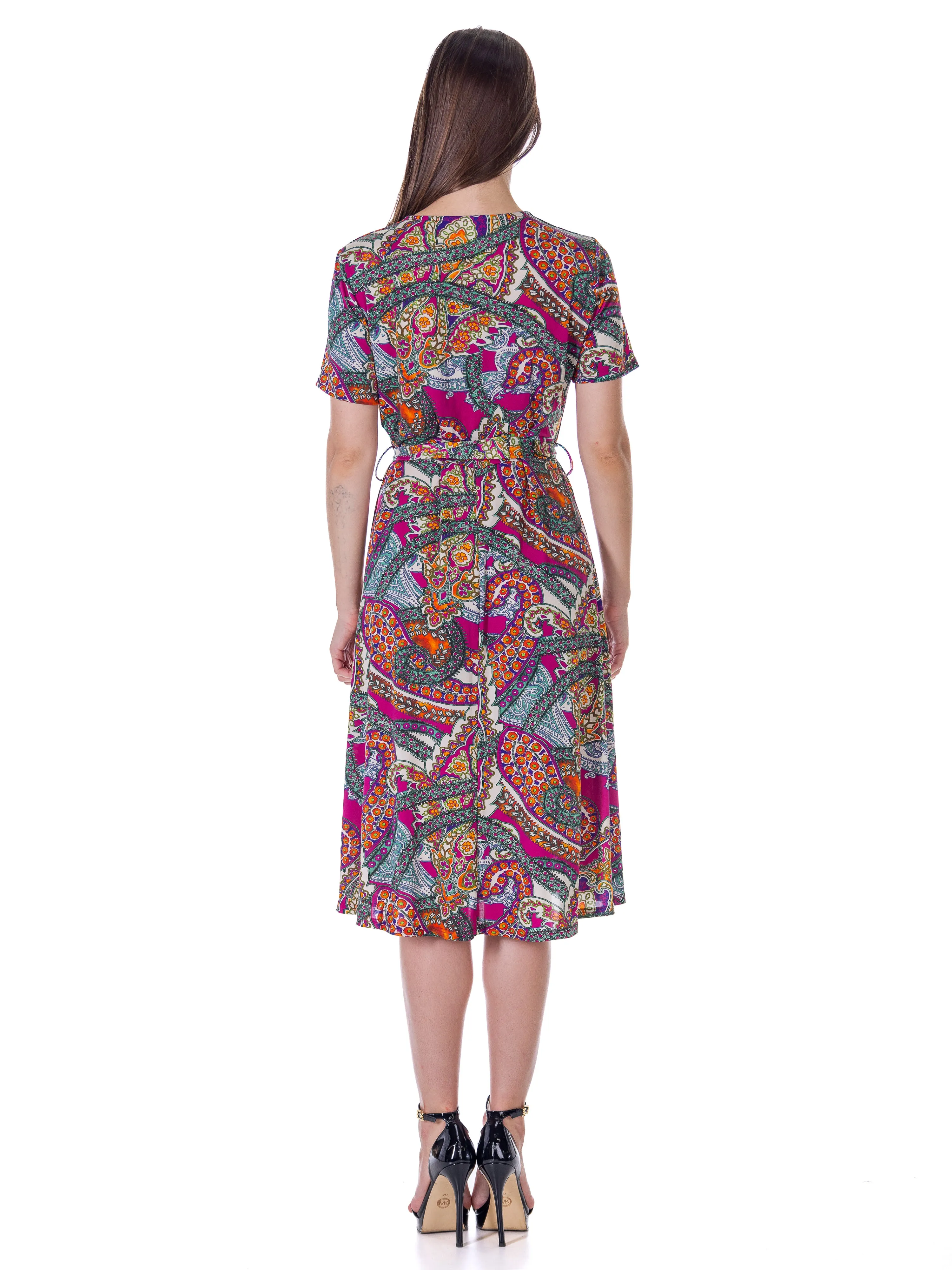 Essential Womens Pink Paisley Short Sleeve Tie Waist Midi Dress sold by 24/7 Comfort Apparel product image thumbnail 3