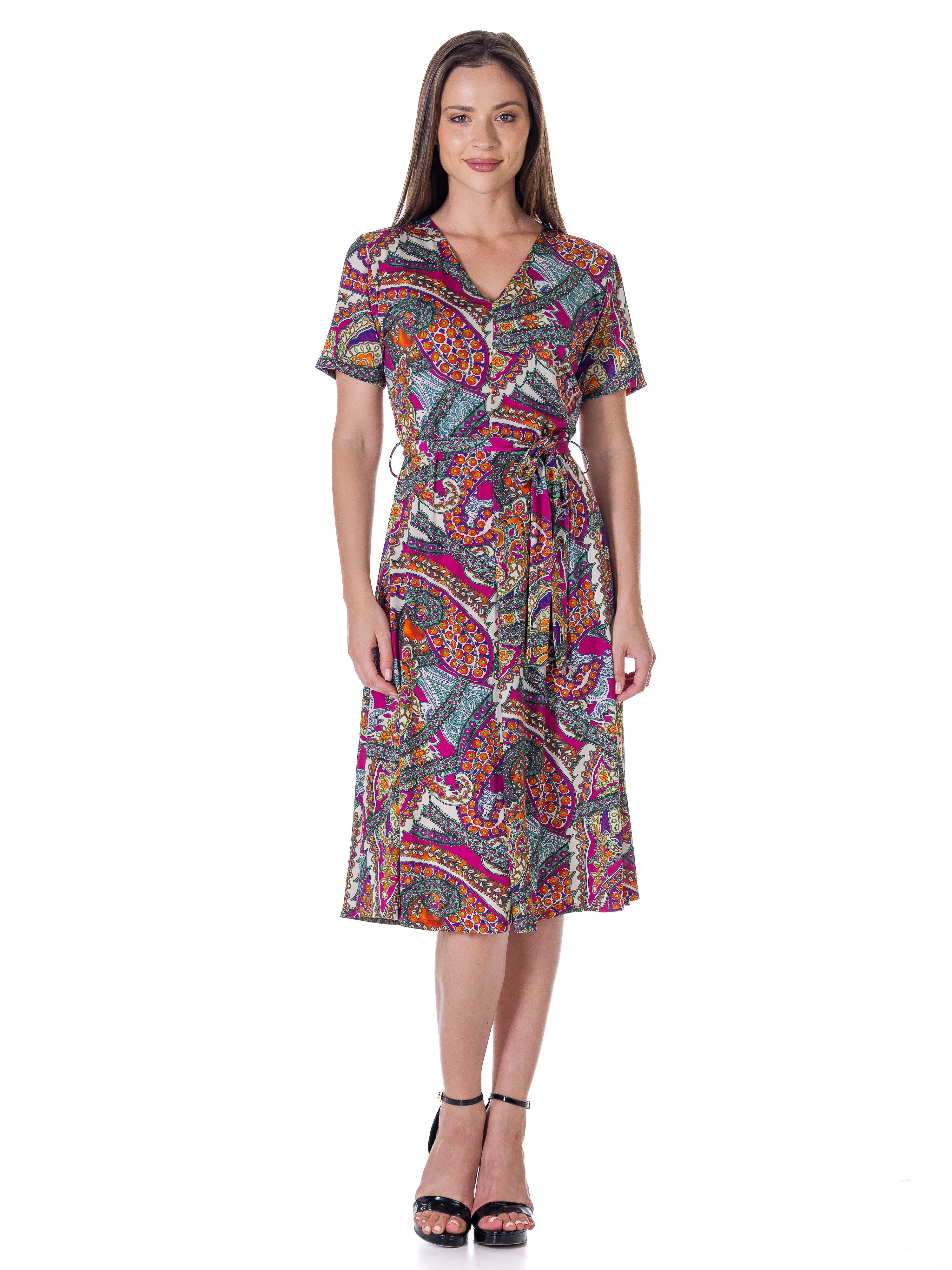 Essential Womens Pink Paisley Short Sleeve Tie Waist Midi Dress sold by 24/7 Comfort Apparel