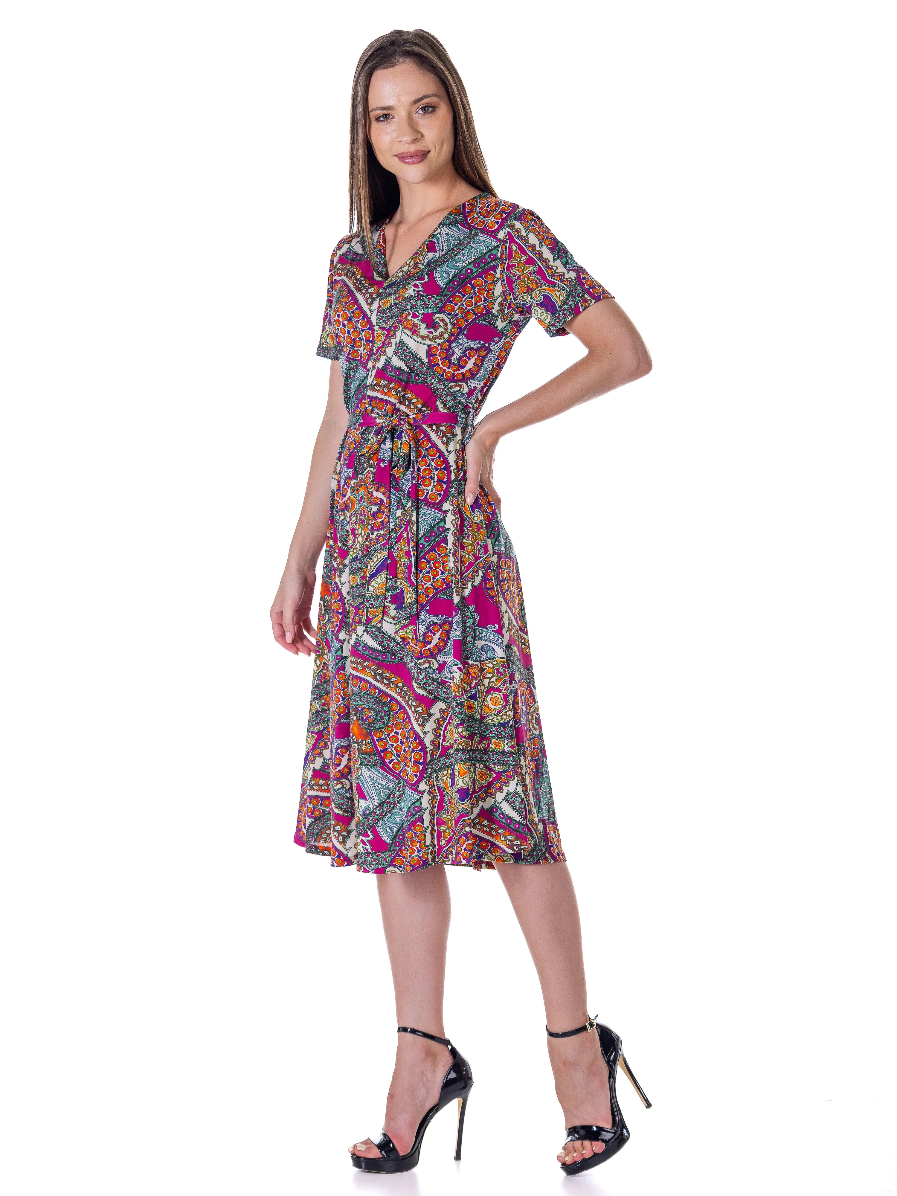 Essential Womens Pink Paisley Short Sleeve Tie Waist Midi Dress sold by 24/7 Comfort Apparel product image thumbnail 2