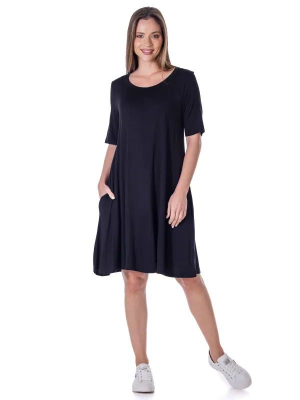 Essential Womens Round Neck Knee Length Flare T Shirt Pocket Dress made by 24/7 Comfort Apparel