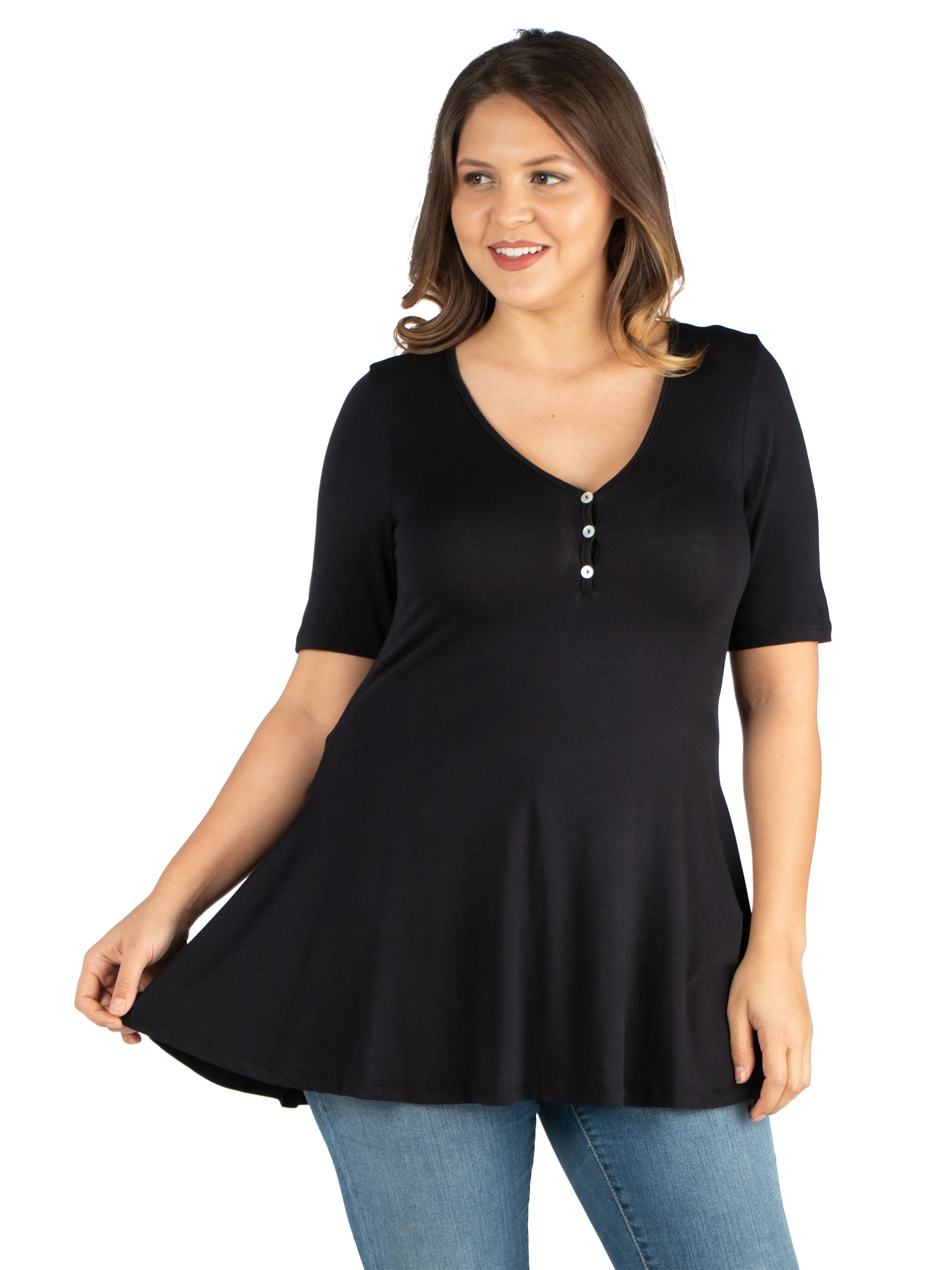 Basic Plus Size Elbow Sleeve Henley Tunic Top sold by 24/7 Comfort Apparel