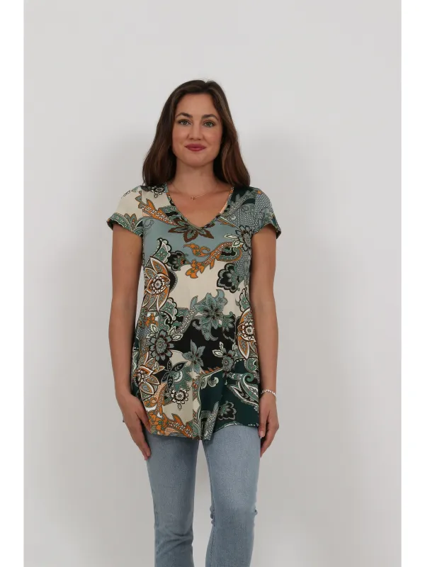 Essential Womens Floral Print V Neck Short Sleeve Flared Tunic Top made by 24/7 Comfort Apparel