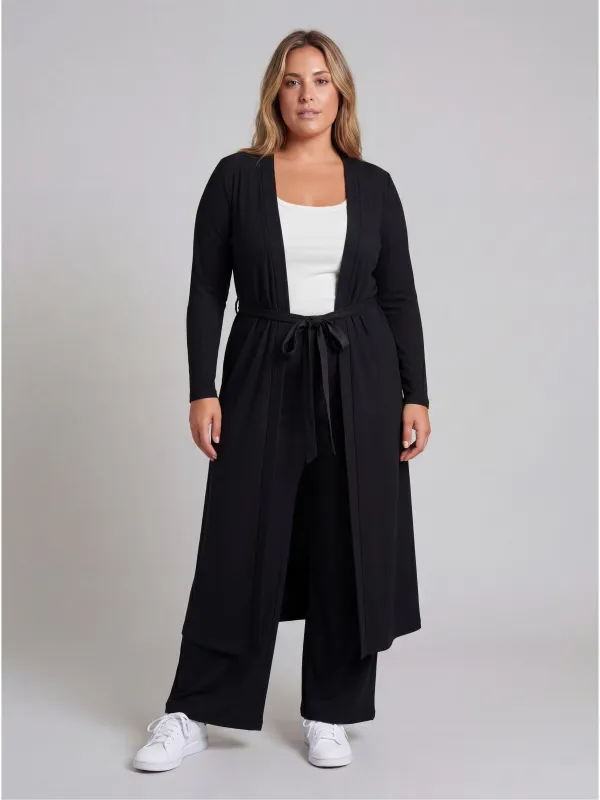 Basic Curvy Long Sleeve Tie Waist Soft Jacket and Elastic Waist Wide Leg Pant Set made by 24/7 Comfort Apparel