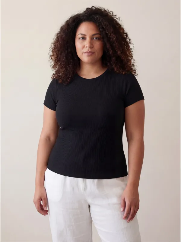 Basic Curvy Ribbed Knit Round Neck Short Sleeve Top made by 24/7 Comfort Apparel