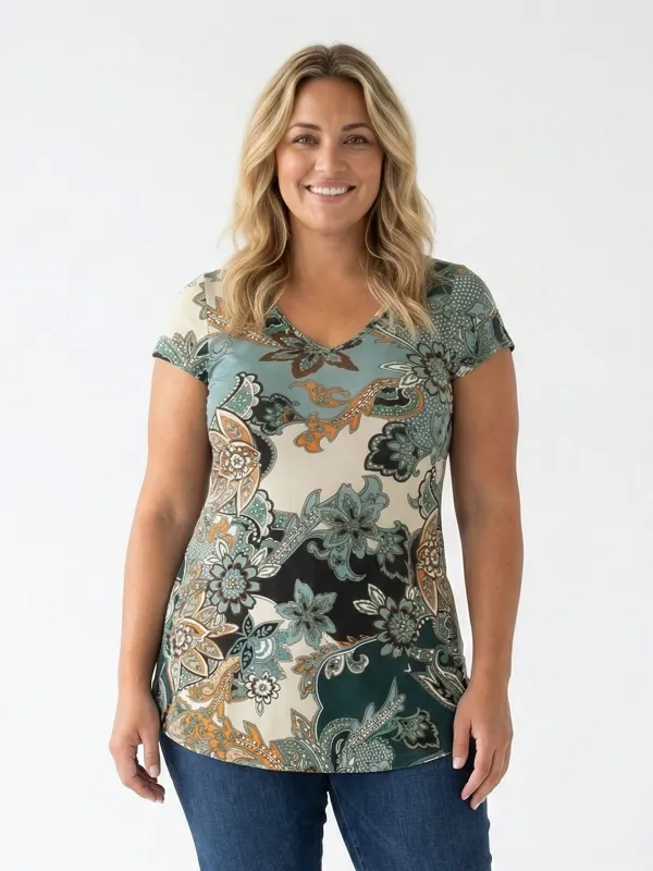 Essential Curvy Floral Print V Neck Short Sleeve Flared Tunic Top made by 24/7 Comfort Apparel