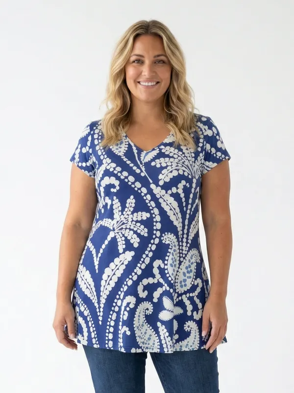 Essential Curvy Paisley Print V Neck Short Sleeve Flared Tunic Top made by 24/7 Comfort Apparel