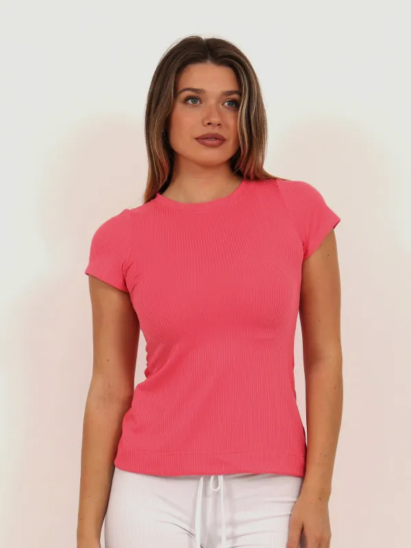 Basic Womens Ribbed Knit Round Neck Short Sleeve Top made by 24/7 Comfort Apparel