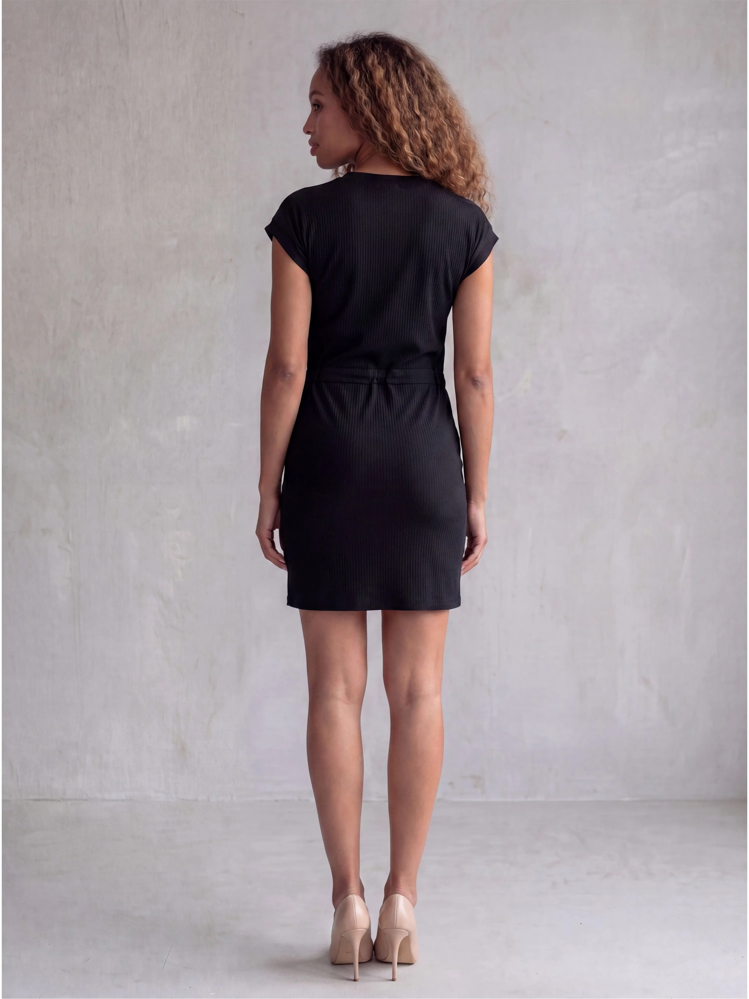 Essential Maternity Ribbed Knit V Neck Drawstring Waist Pocket Knee Length Dress sold by 24/7 Comfort Apparel product image thumbnail 3