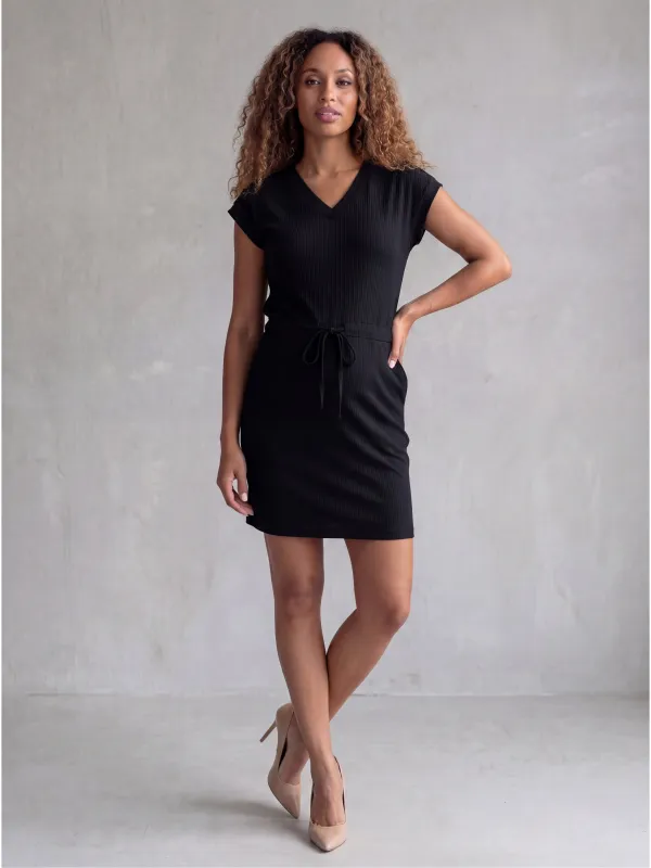 Essential Maternity Ribbed Knit V Neck Drawstring Waist Pocket Knee Length Dress made by 24/7 Comfort Apparel