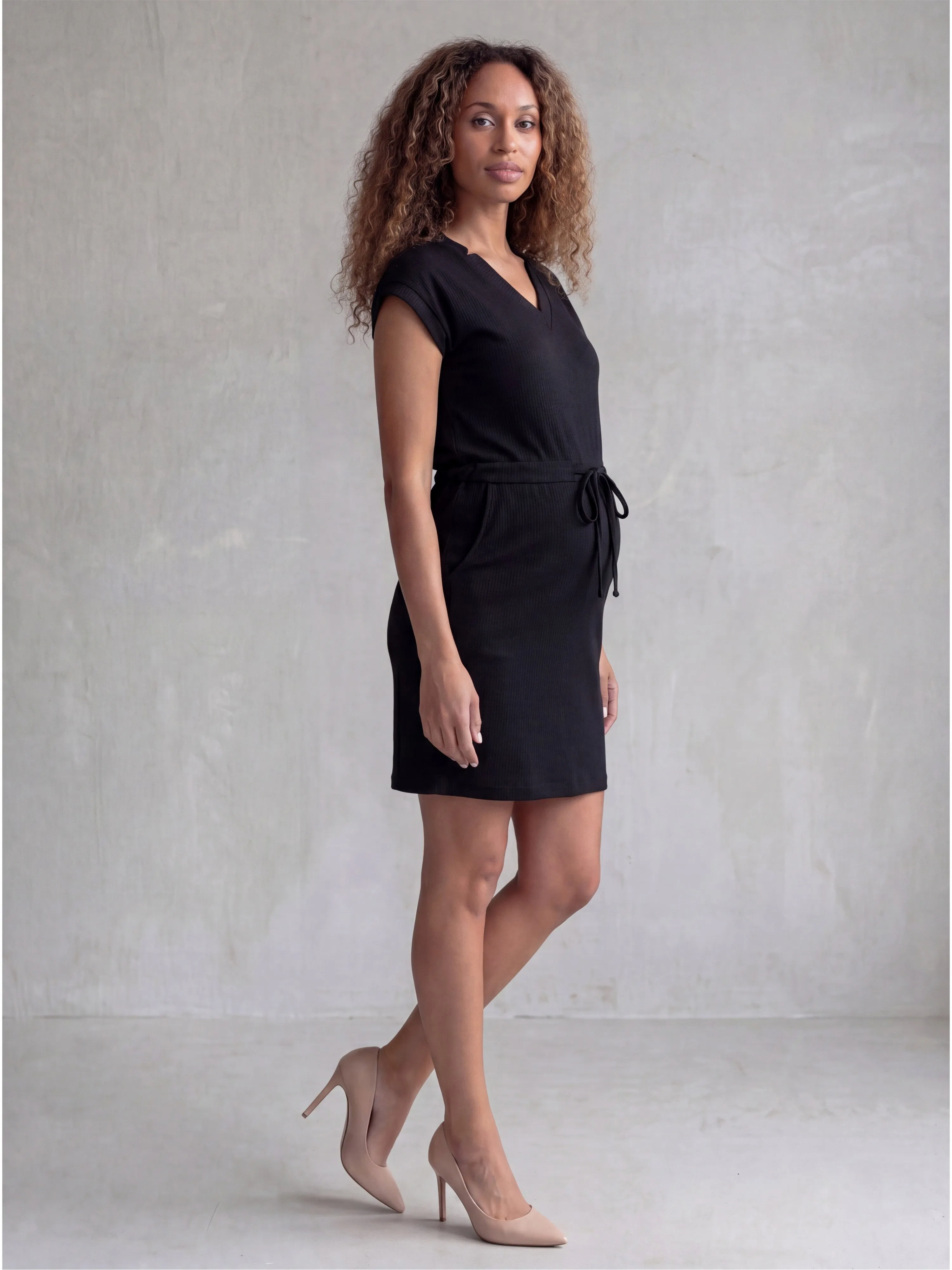 Essential Maternity Ribbed Knit V Neck Drawstring Waist Pocket Knee Length Dress sold by 24/7 Comfort Apparel product image thumbnail 2