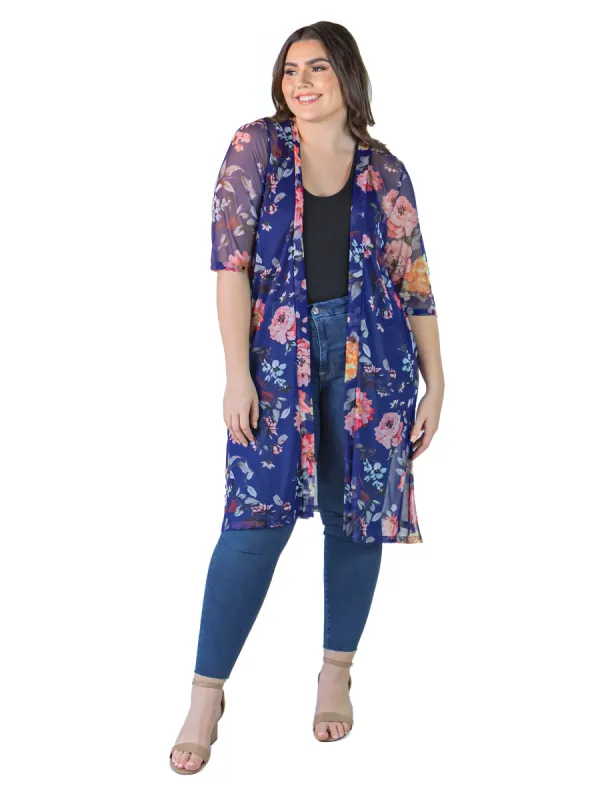 Plus Size Sheer Navy Floral Print Knee Length Cardigan sold by 24/7 Comfort Apparel