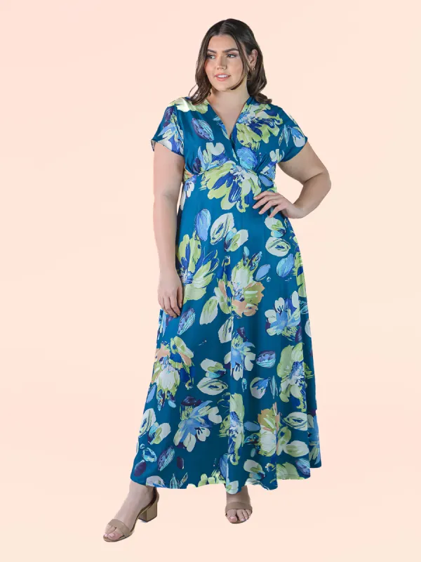 Plus Size Blue Floral Print V Neck Cap Sleeve Flowy Empire Waist Maxi Dress sold by 24/7 Comfort Apparel