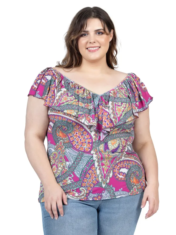 Cap Sleeve Pink Paisley Print Ruffle V Neck Plus Size Top sold by 24/7 Comfort Apparel