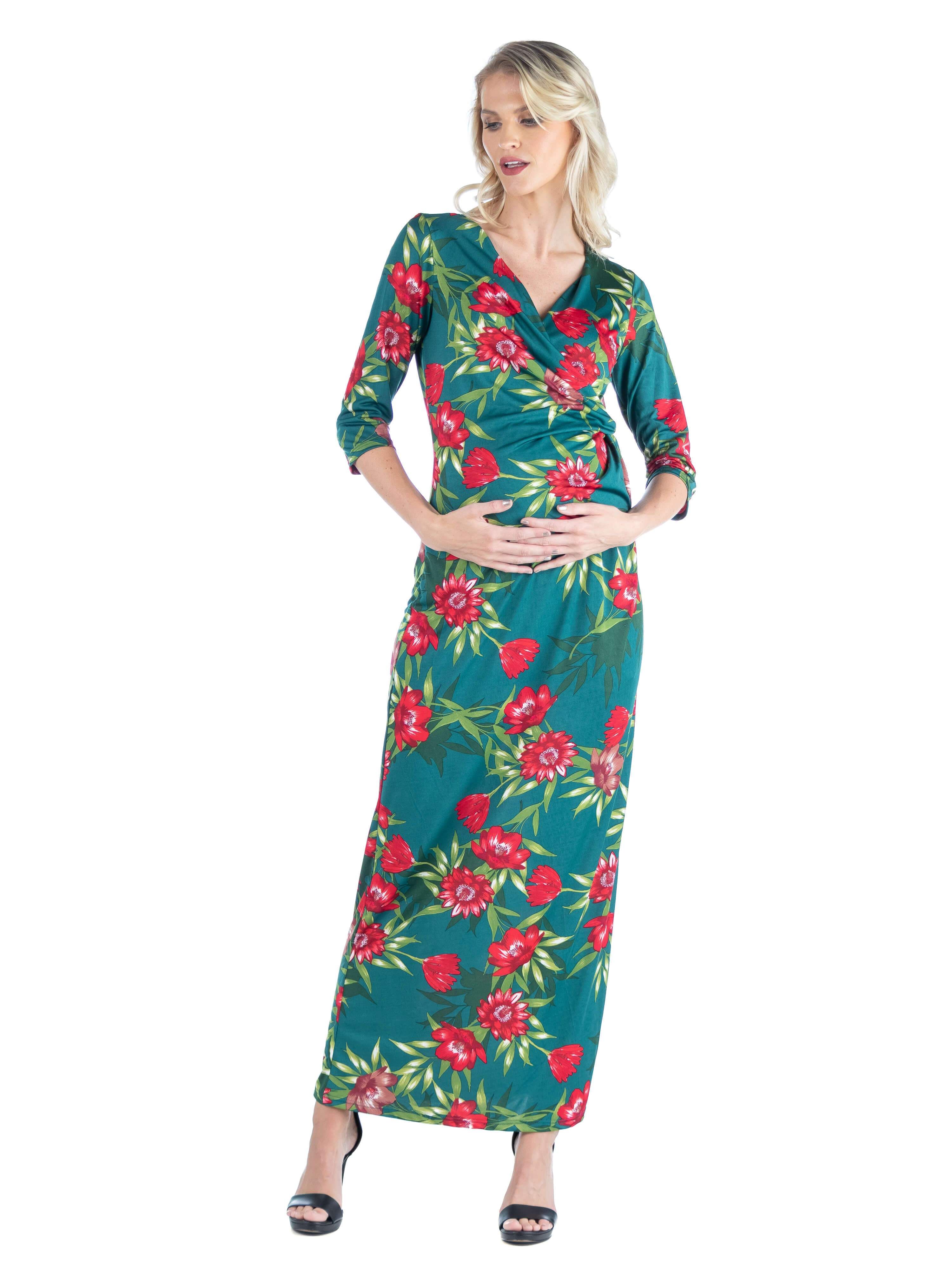 Maternity V Neck Green Floral Maxi Wrap Dress sold by 24/7 Comfort Apparel product image thumbnail 2