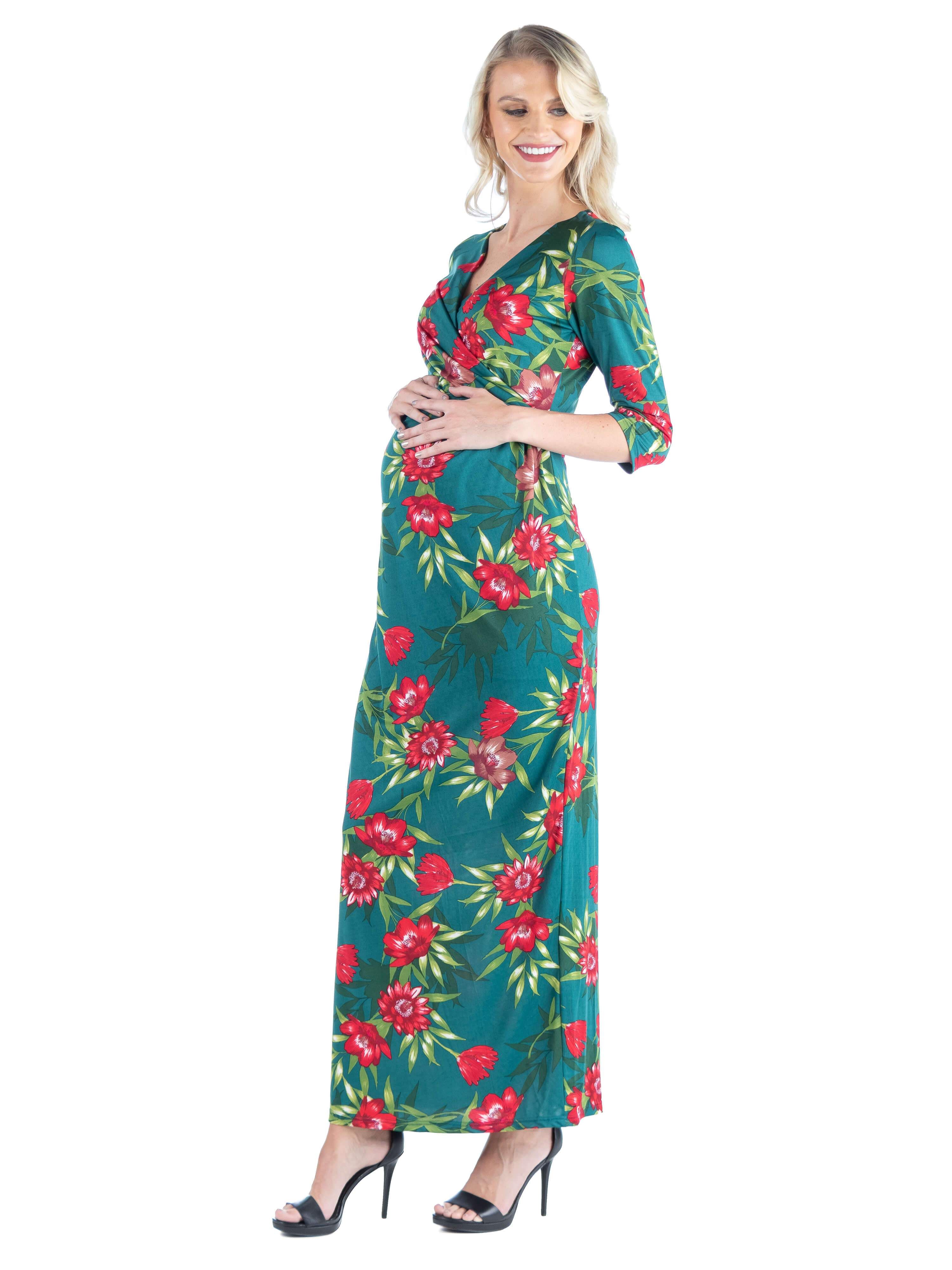 Maternity V Neck Green Floral Maxi Wrap Dress sold by 24/7 Comfort Apparel