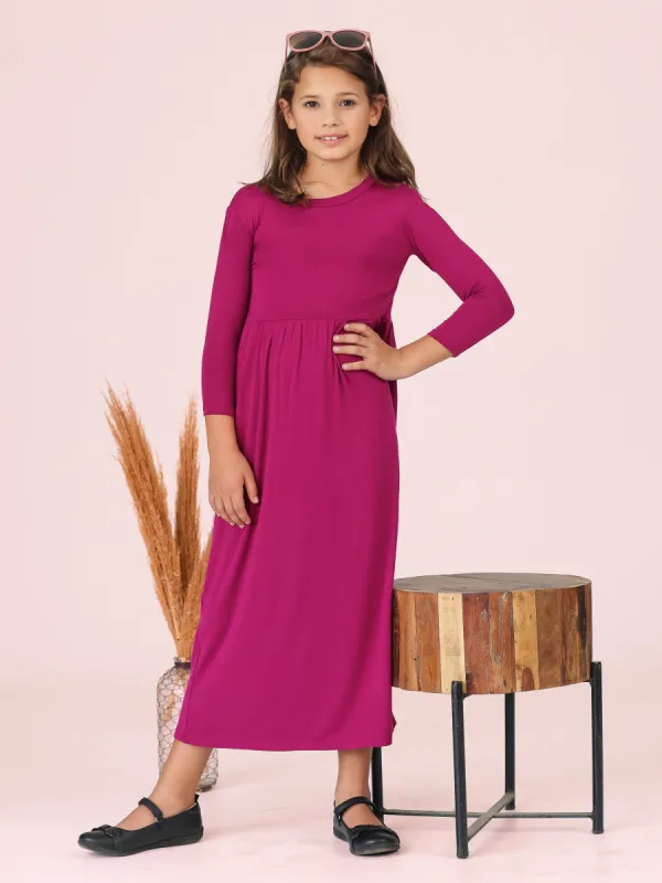 24seven Comfort Apparel Girls Three Quarter Sleeve Pleated Maxi Dress Machine Washable sold by 24/7 Comfort Apparel