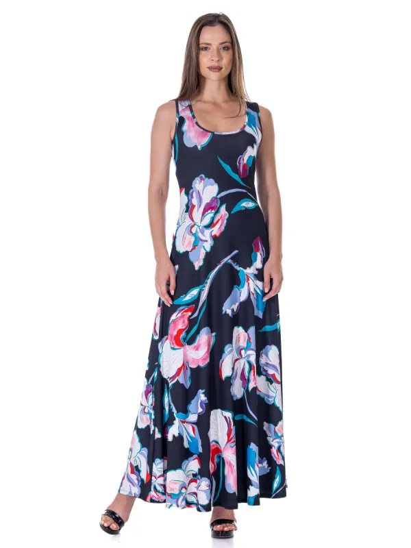 Womens Black Floral Print Scoop Neck A Line Sleeveless Maxi Dress sold by 24/7 Comfort Apparel