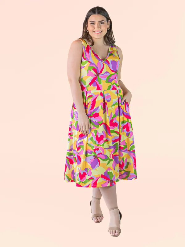 Plus Size Sleeveless Colorful Floral Print Midi Length Fit and Flare Pocket Dress sold by 24/7 Comfort Apparel