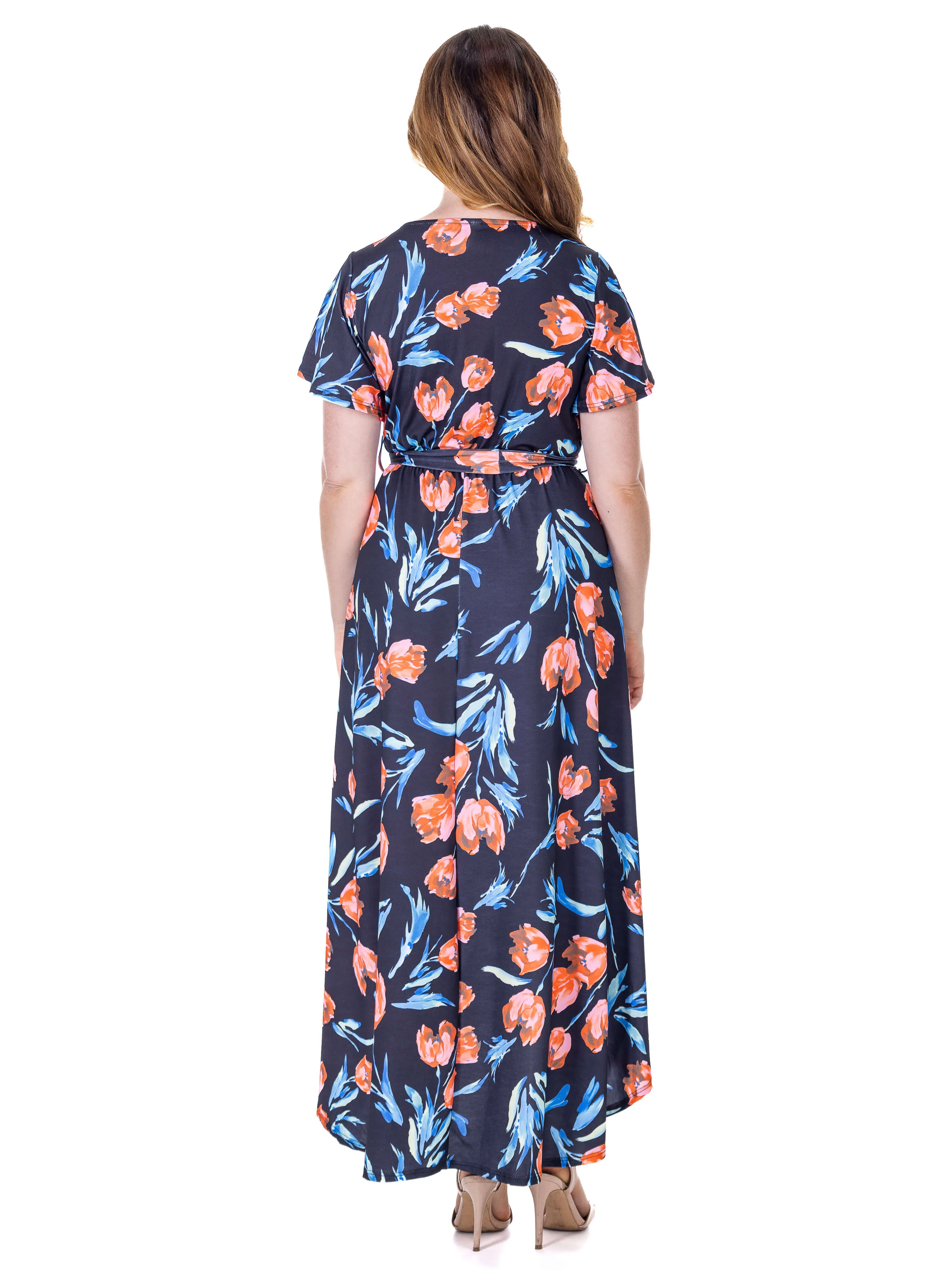 Womens Black Floral V Neck Belted High Low Faux Wrap Dress sold by 24/7 Comfort Apparel product image thumbnail 5