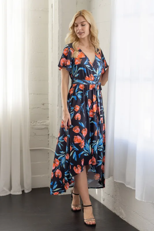 Womens Black Floral V Neck Belted High Low Faux Wrap Dress sold by 24/7 Comfort Apparel