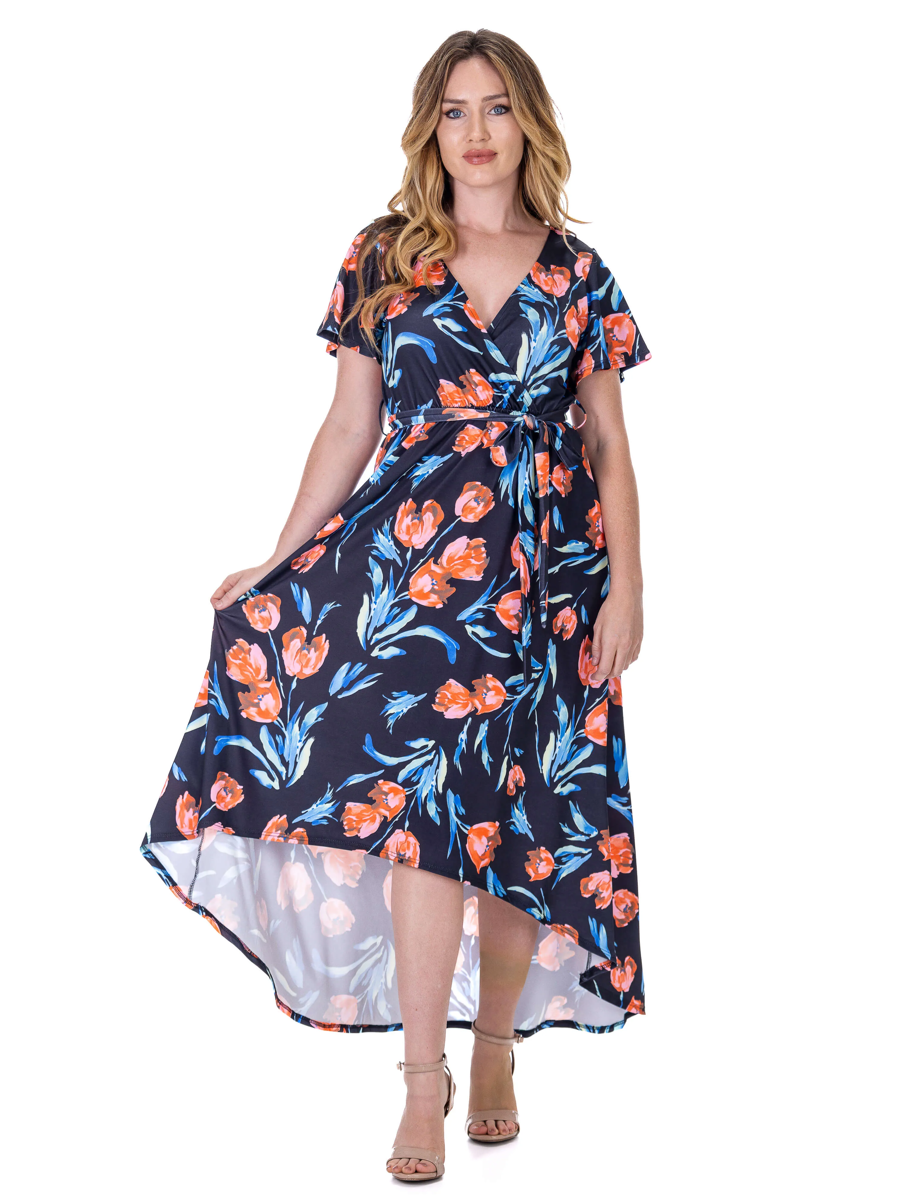 Womens Black Floral V Neck Belted High Low Faux Wrap Dress sold by 24/7 Comfort Apparel product image thumbnail 3