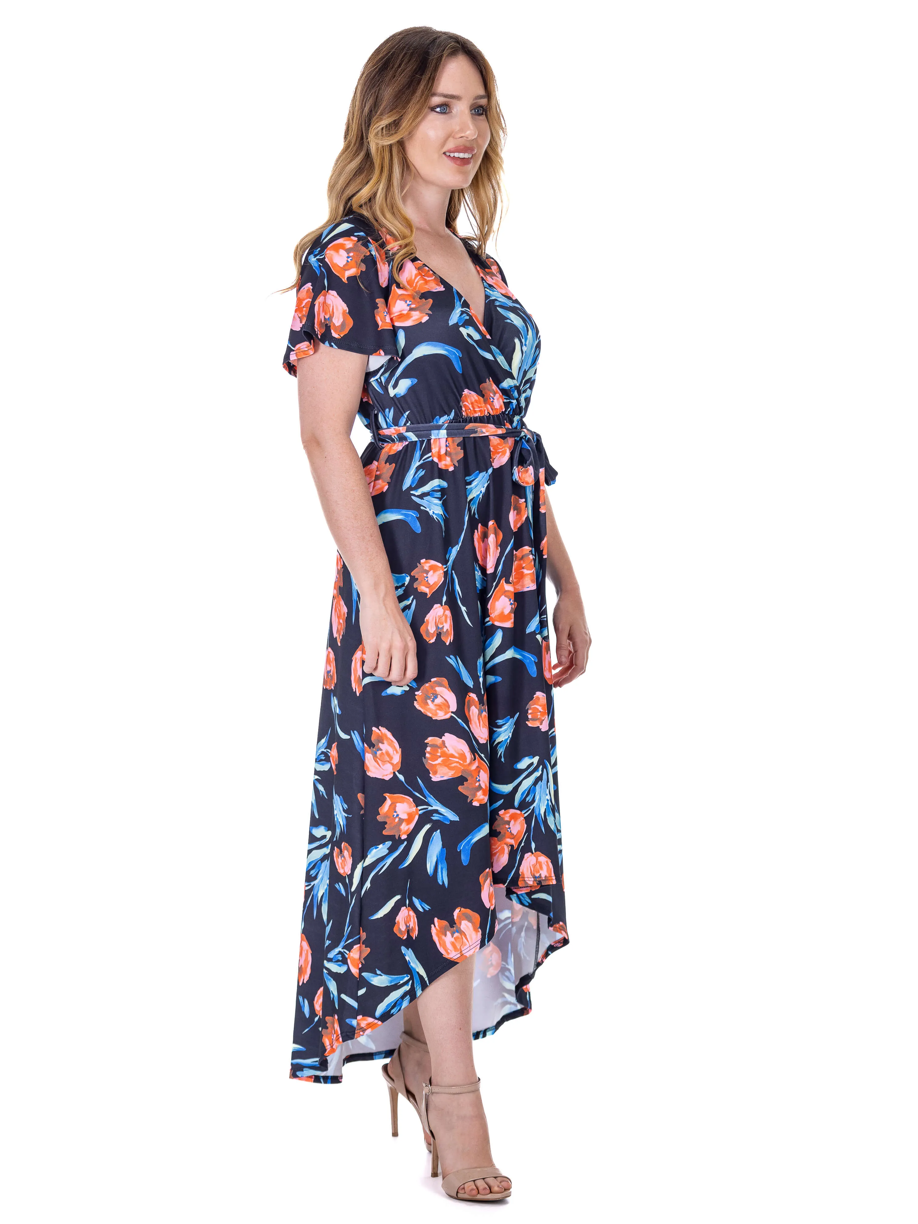 Womens Black Floral V Neck Belted High Low Faux Wrap Dress sold by 24/7 Comfort Apparel product image thumbnail 4