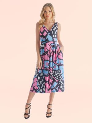 Pink Butterfly Sleeveless Print Midi Length Fit and Flare Pocket Dress sold by 24/7 Comfort Apparel