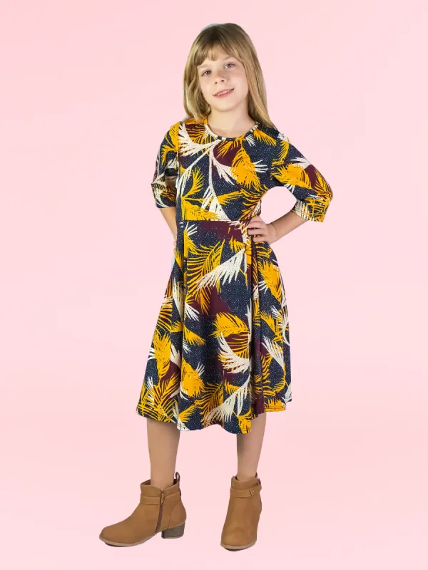 24seven Comfort Apparel Leaf Print Knee Length Fit and Flare Girls Comfortable Flowy Dress sold by 24/7 Comfort Apparel