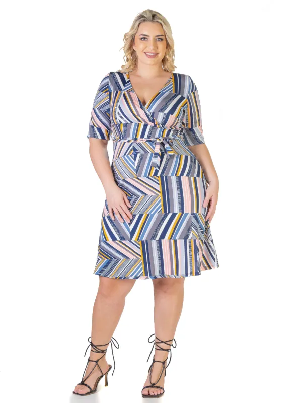 Geo Print Plus Size Knee Length Faux Wrap Dress sold by 24/7 Comfort Apparel