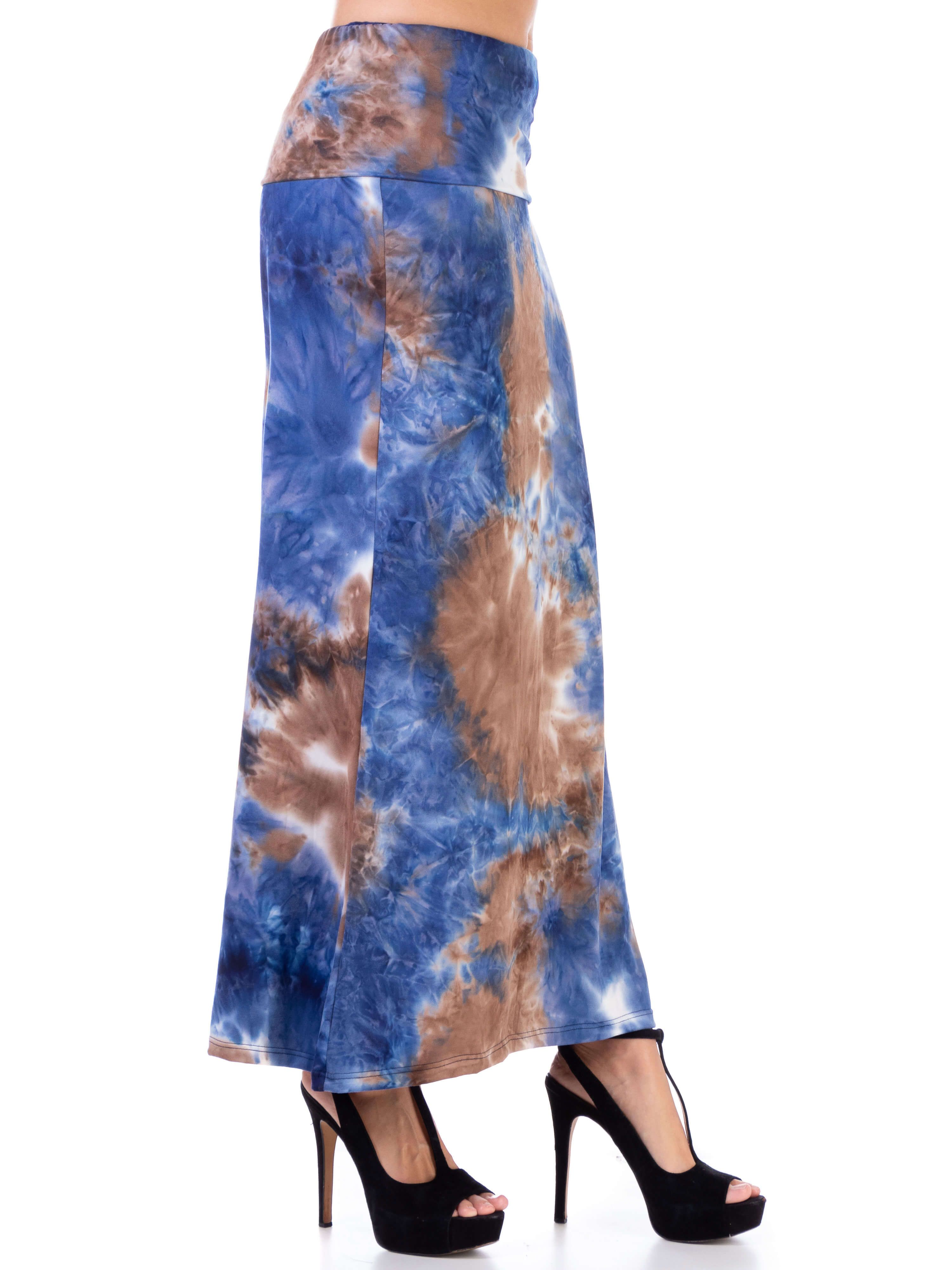 Blue Tie Dye Fold Over Elastic Waist Casual Maxi Skirt sold by 24/7 Comfort Apparel