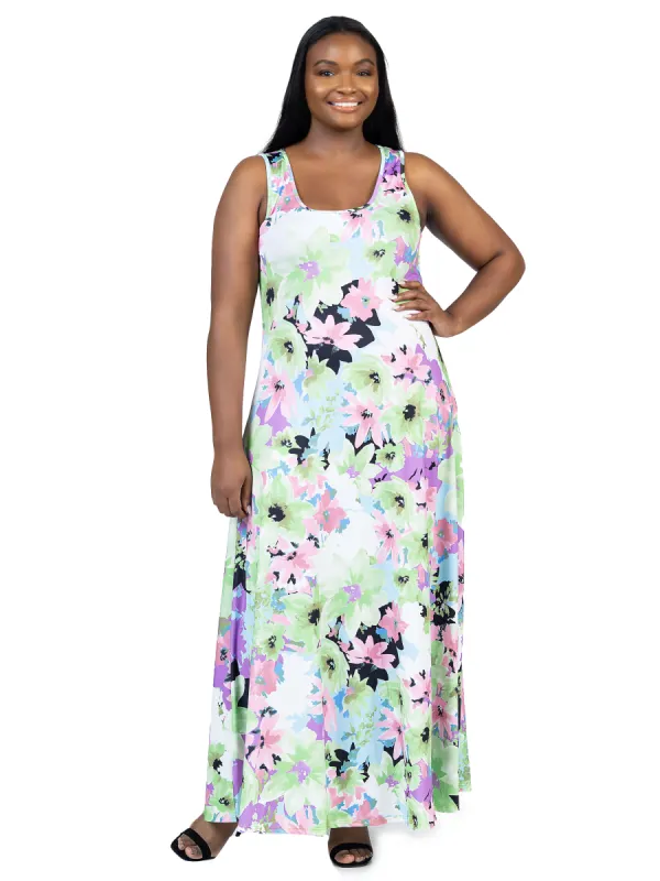 Plus Size Pastel Floral Scoop Neck A Line Sleeveless Maxi Dress sold by 24/7 Comfort Apparel