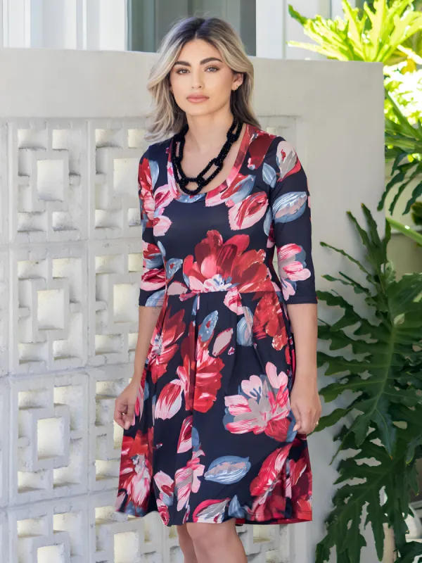 Red Floral Three Quarter Sleeve Pleated Dress sold by 24/7 Comfort Apparel
