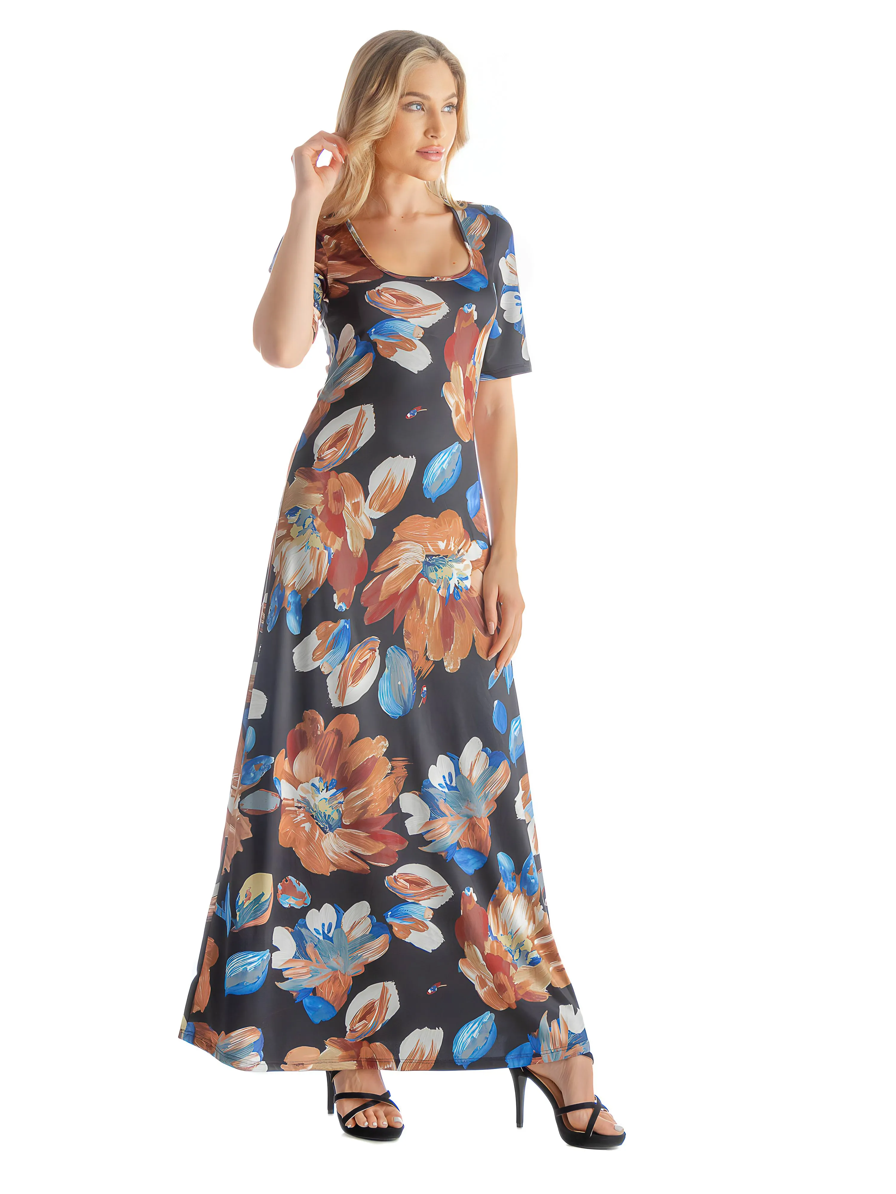 Womens Black Floral Elbow Sleeve Loose Long Casual Maxi Dress sold by 24/7 Comfort Apparel product image thumbnail 3