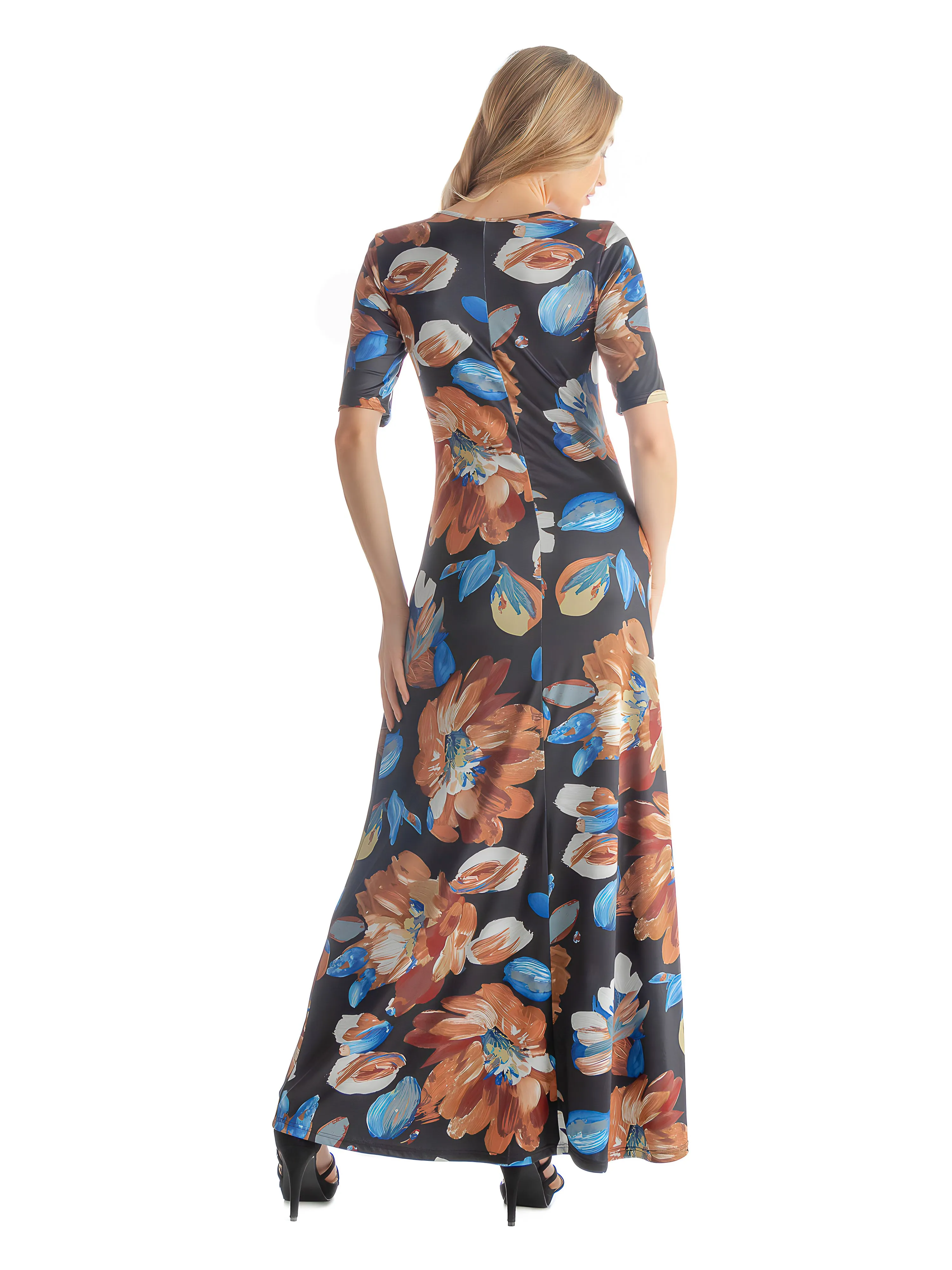 Womens Black Floral Elbow Sleeve Loose Long Casual Maxi Dress sold by 24/7 Comfort Apparel product image thumbnail 4