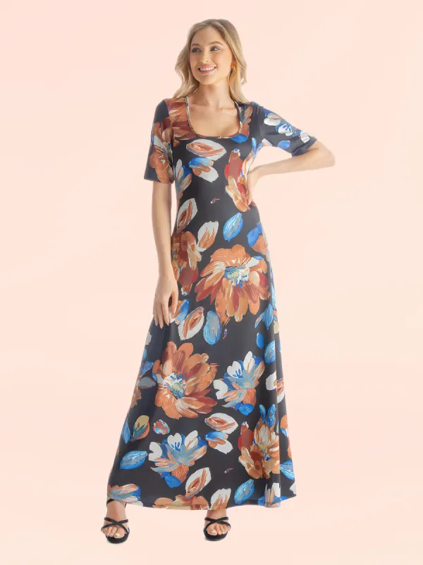 Womens Black Floral Elbow Sleeve Loose Long Casual Maxi Dress sold by 24/7 Comfort Apparel