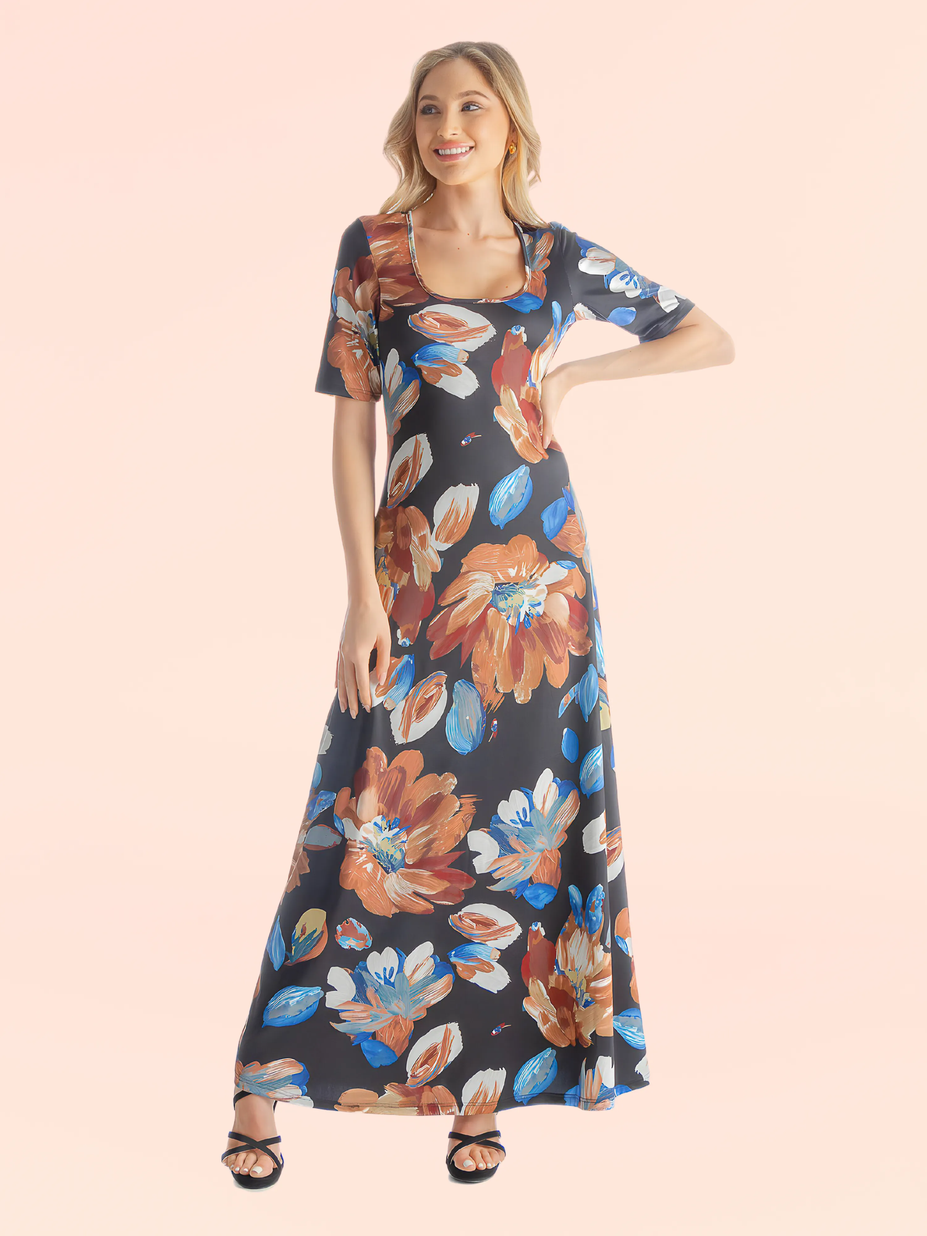 Womens Black Floral Elbow Sleeve Loose Long Casual Maxi Dress sold by 24/7 Comfort Apparel