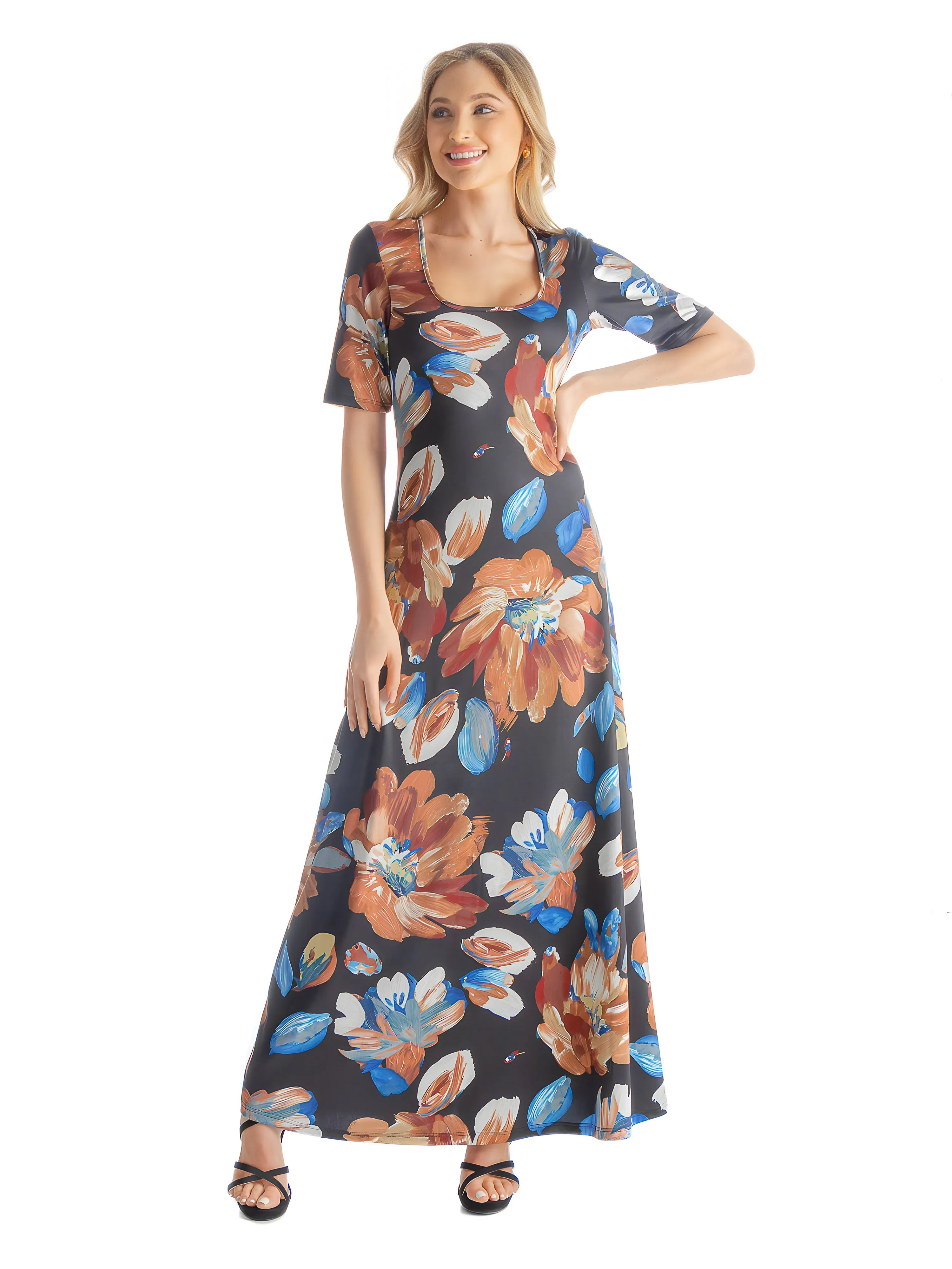 Womens Black Floral Elbow Sleeve Loose Long Casual Maxi Dress sold by 24/7 Comfort Apparel product image thumbnail 2