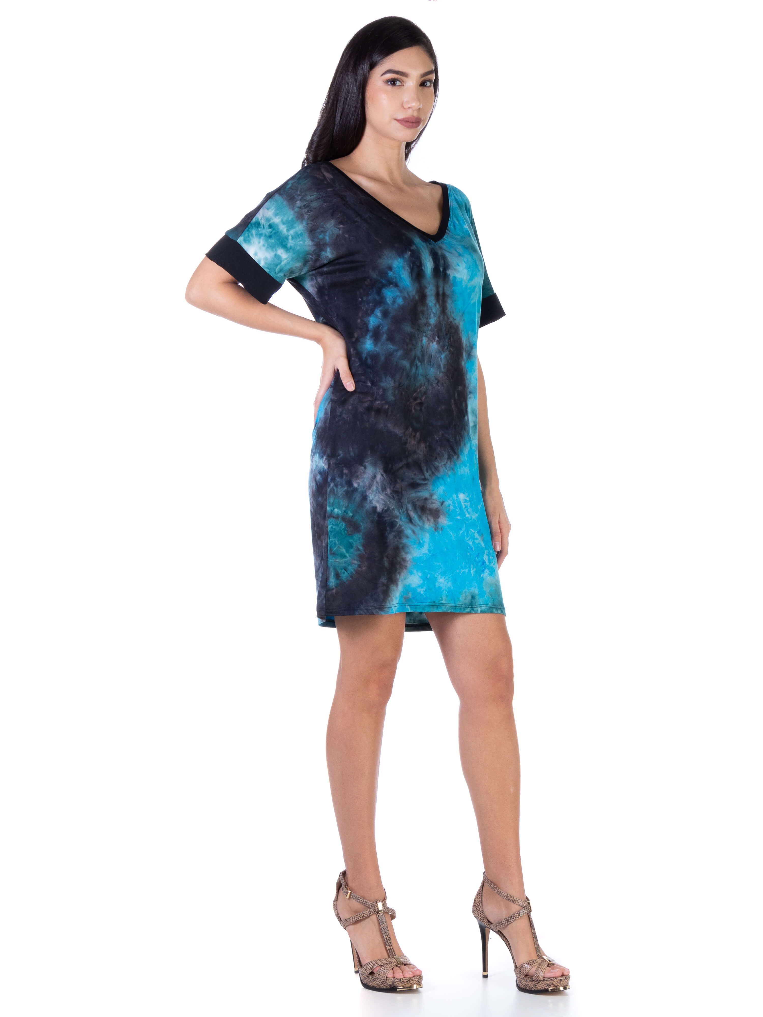 Loose Fit Casual Teal Tie Dye Knee Length T Shirt Dress sold by 24/7 Comfort Apparel product image thumbnail 2