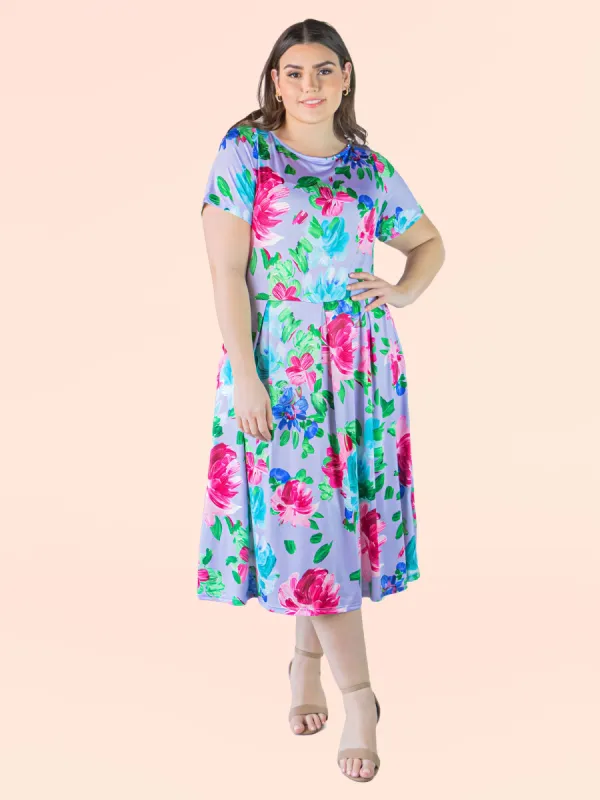 Plus Size Floral Lilac Short Sleeve Pleated Fit and Flare Midi Pocket Dress sold by 24/7 Comfort Apparel