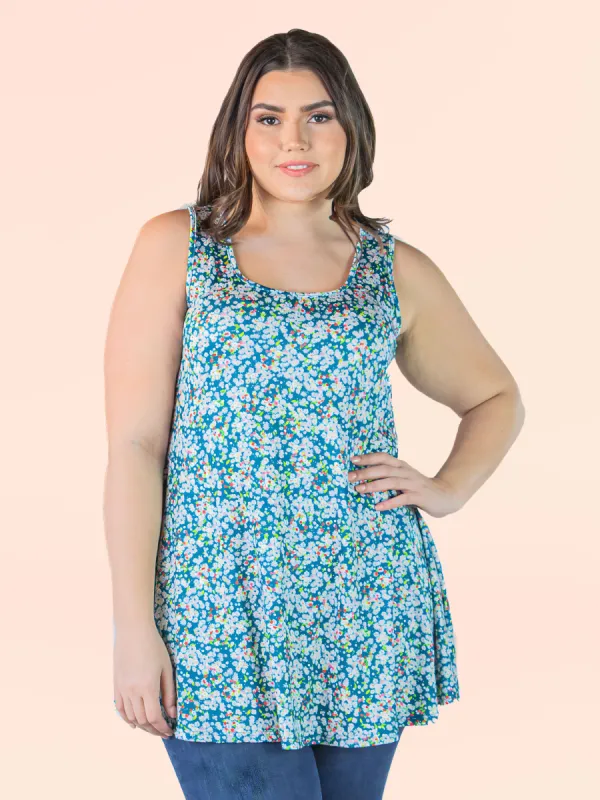 Plus Size Teal Tiny Floral Print Scoop Neck Tank Top sold by 24/7 Comfort Apparel