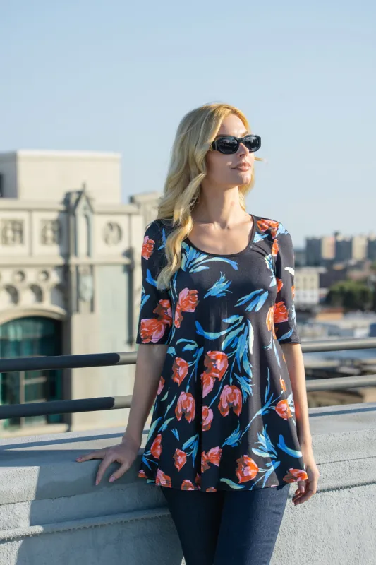 Womens Black Tulip Print Elbow Sleeve Casual Tunic Top sold by 24/7 Comfort Apparel
