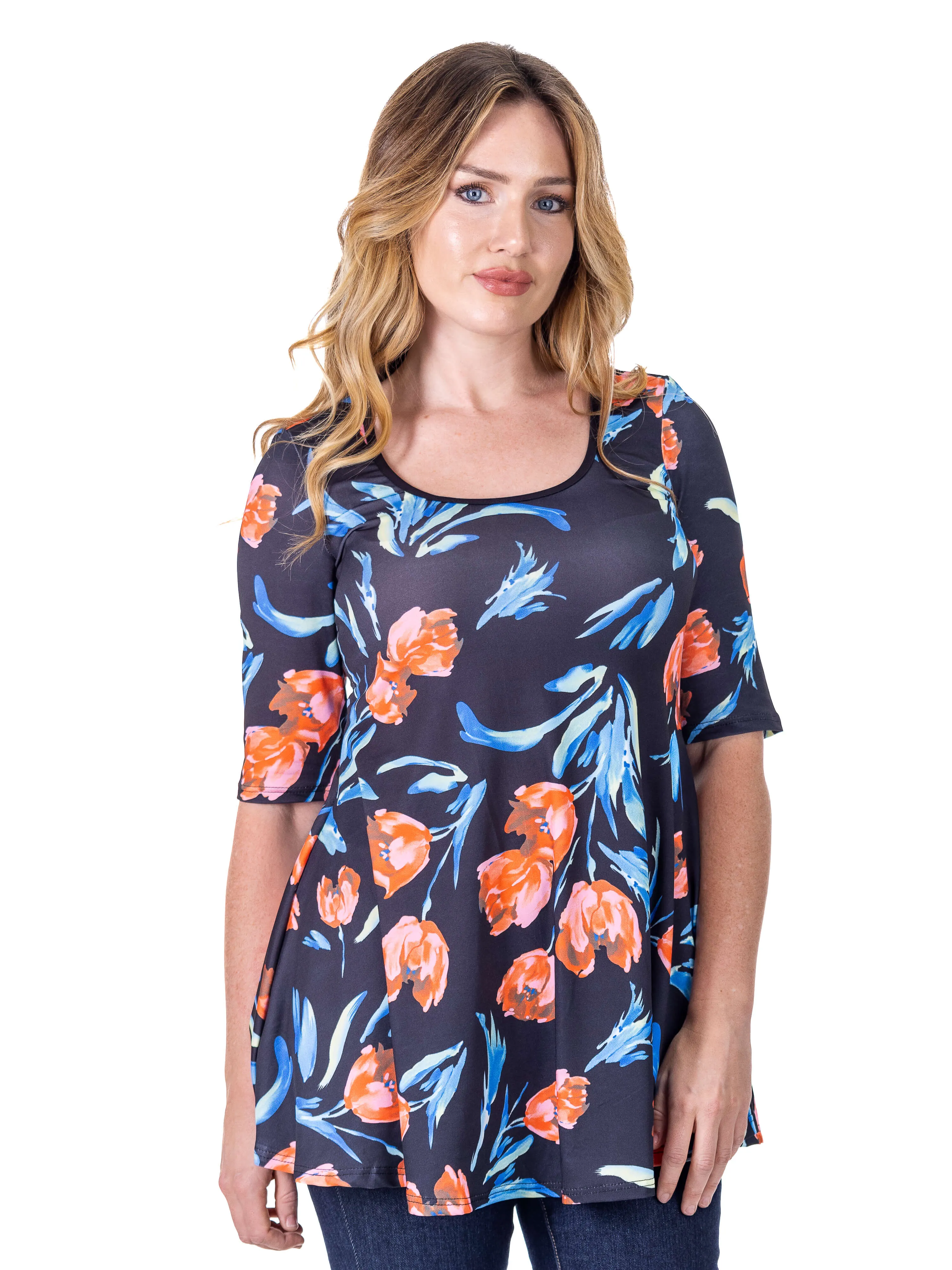 Womens Black Tulip Print Elbow Sleeve Casual Tunic Top sold by 24/7 Comfort Apparel product image thumbnail 3