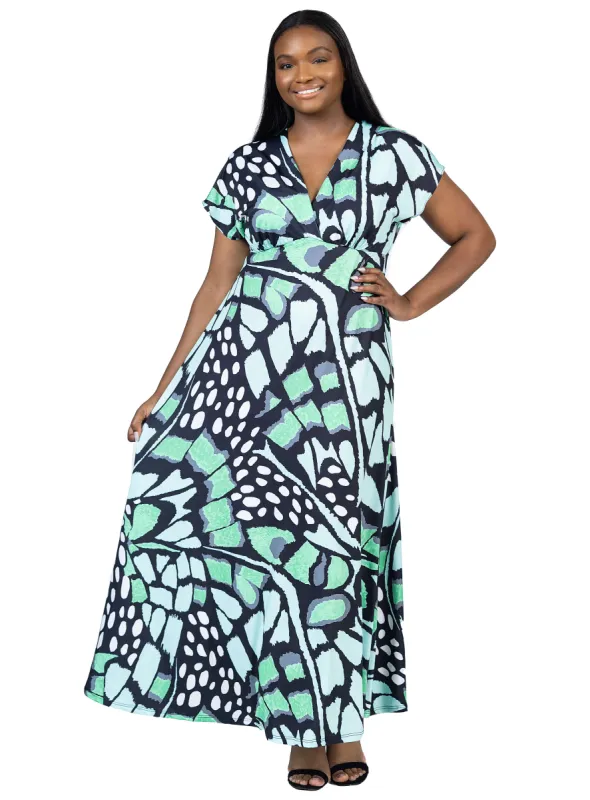 Plus Size Oversized Butterfly Print V Neck Empire Waist Kimono Cap Sleeve Maxi Dress sold by 24/7 Comfort Apparel