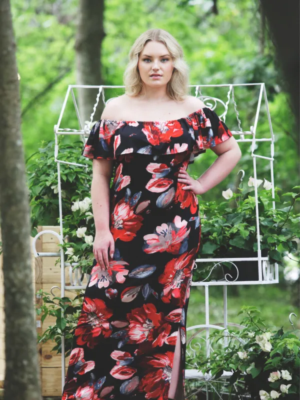 Off Plus Size Shoulder Red Floral Print Maxi Side Slit Dress sold by 24/7 Comfort Apparel