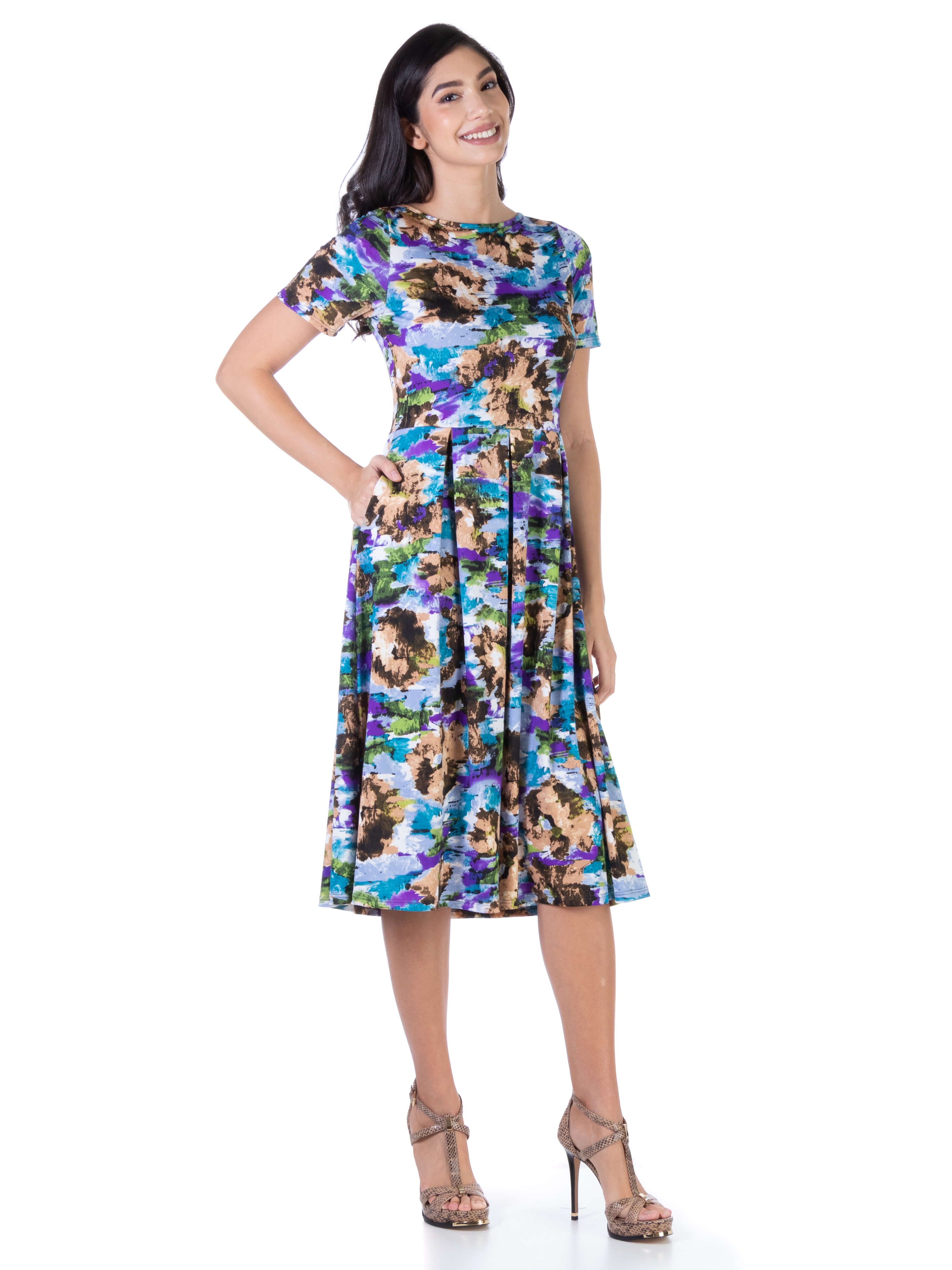 Abstract Short Sleeve Pleated Fit and Flare Midi Pocket Dress sold by 24/7 Comfort Apparel product image thumbnail 2