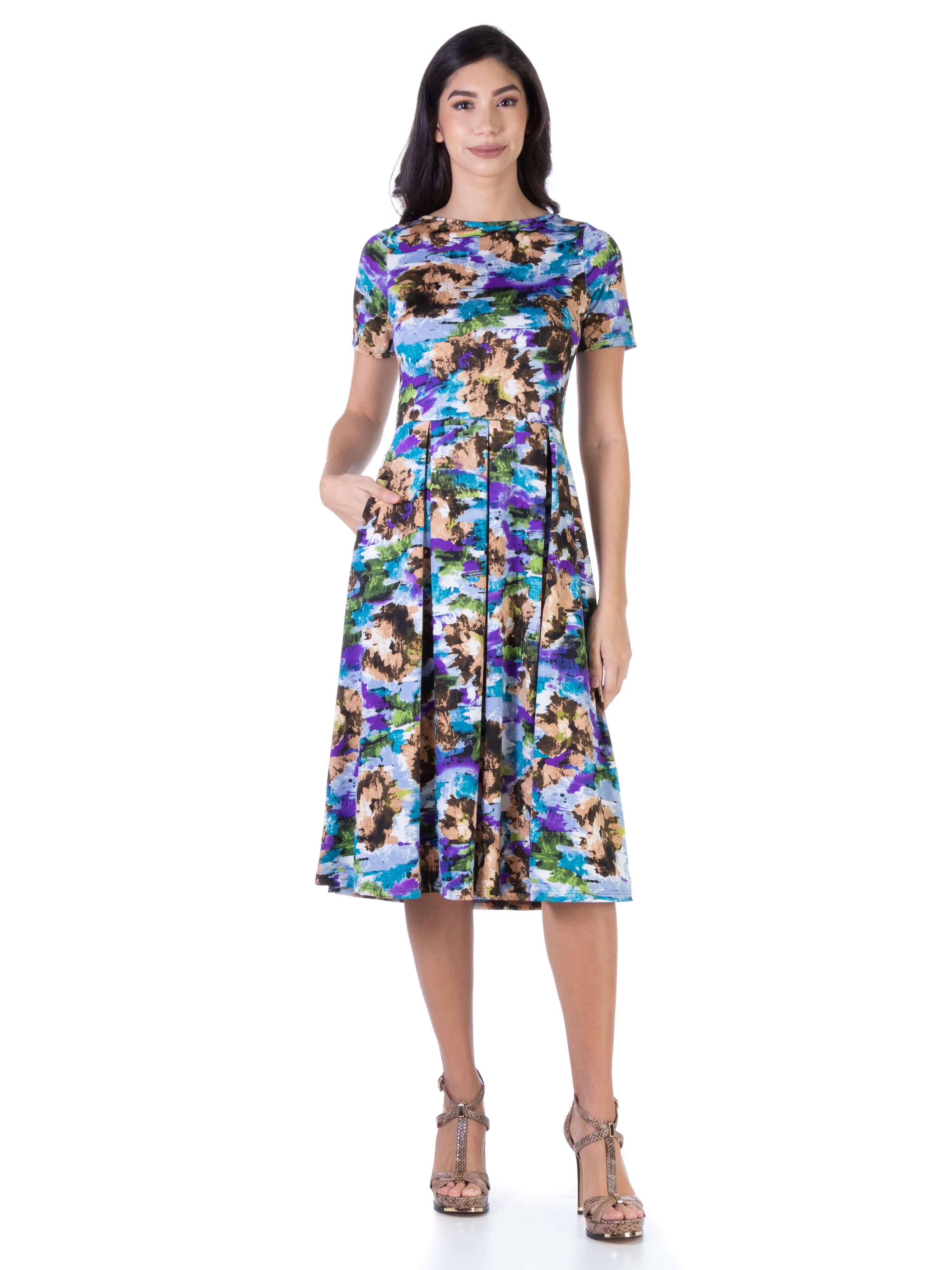 Abstract Short Sleeve Pleated Fit and Flare Midi Pocket Dress sold by 24/7 Comfort Apparel