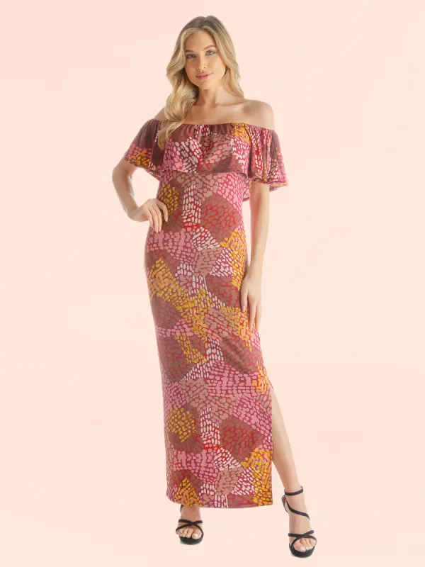 Off Shoulder Pink Abstract Print Maxi Side Slit Dress sold by 24/7 Comfort Apparel