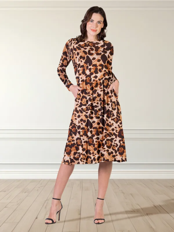 Cheetah Print Long Sleeve Pleated Midi Dress with Pockets sold by 24/7 Comfort Apparel