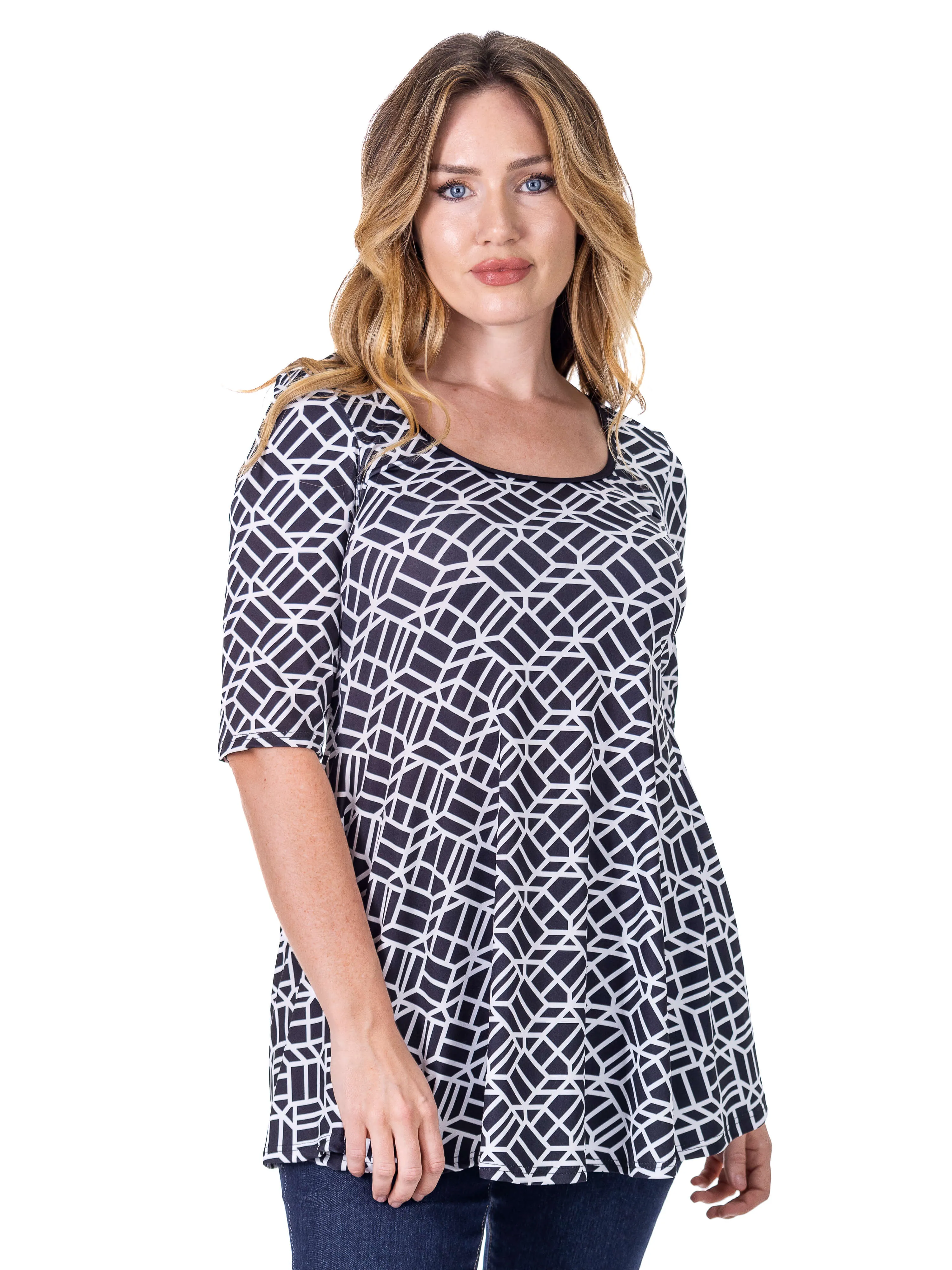 Womens Black Geometric Print Elbow Sleeve Casual Tunic Top sold by 24/7 Comfort Apparel product image thumbnail 2